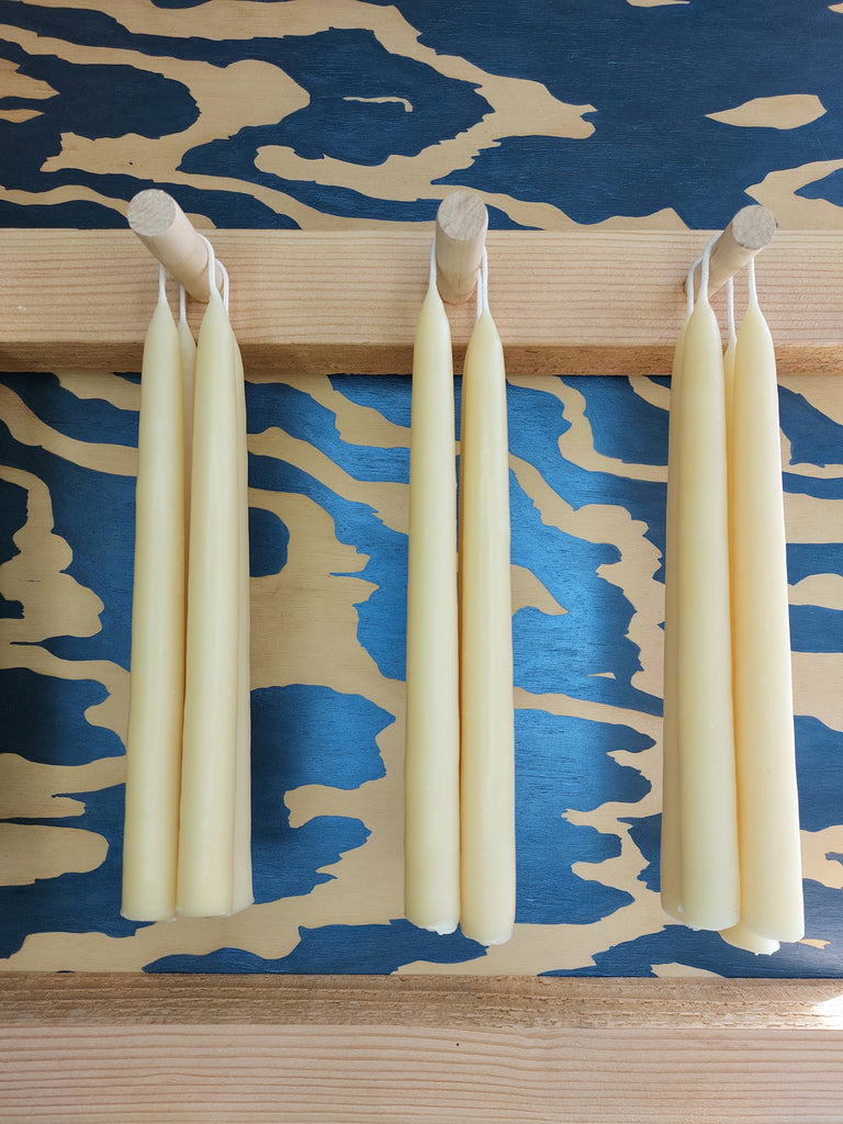 Pure Alberta beeswax hand-dipped tapers. 