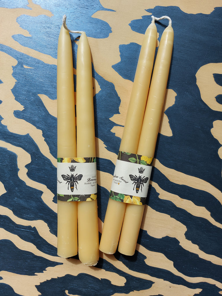 Pure Alberta beeswax hand-dipped tapers, 12 inch length.